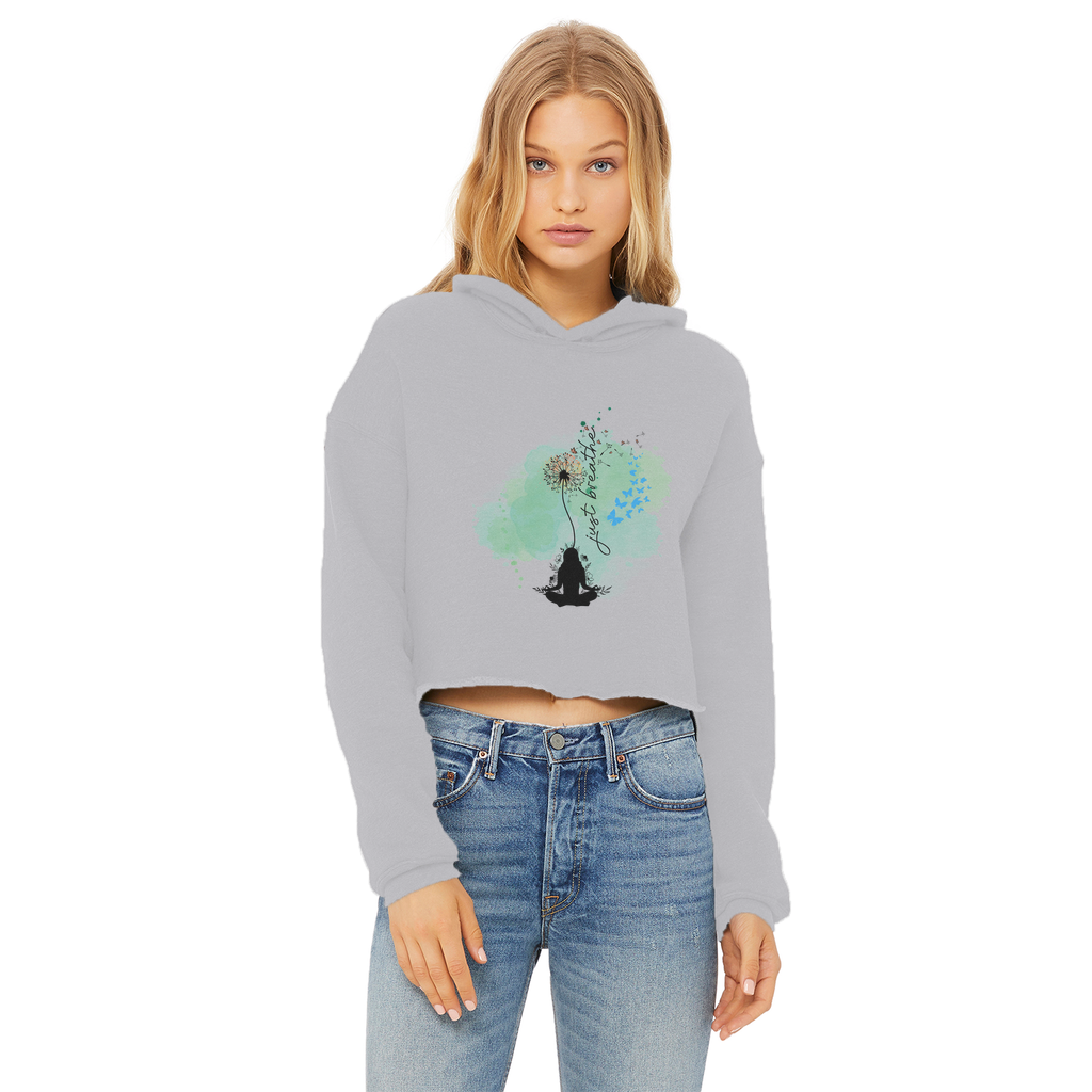 Just Breathe - Green Dandelion Ladies Cropped Raw Edge Hoodie